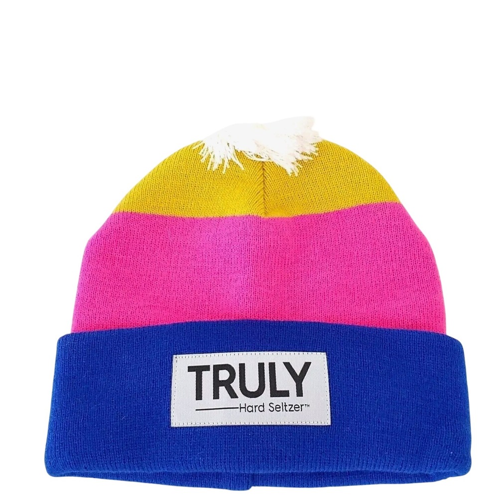 Truly Women's Multicolor Beanie Pom Pom Colorblock Knit Hat Alcohol Promo Cap